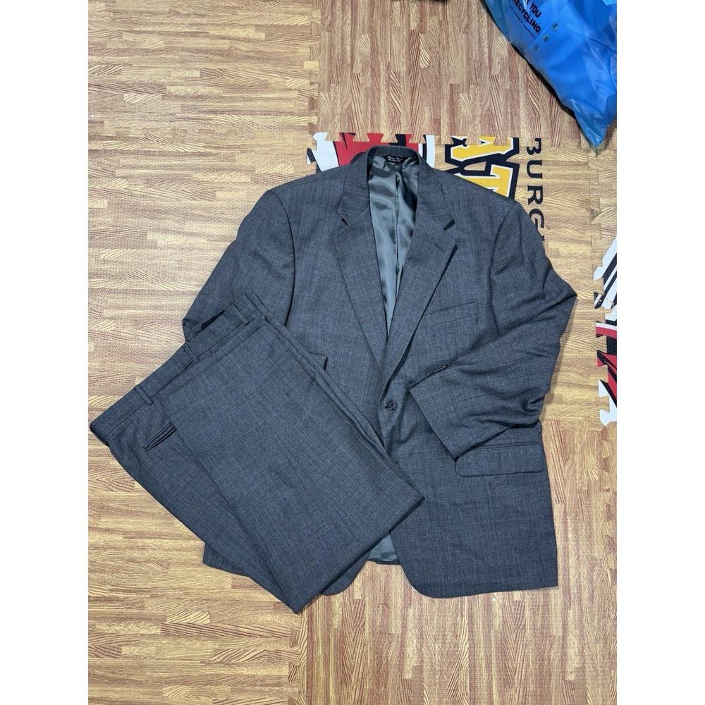 Bill Blass 46R 36x27 Gray Windowpane 100% Wool Mens Jacket Pants Suit
